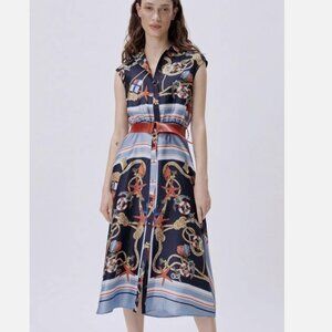 Zara Beautiful Nautical Scarf Print Midi Dress with Red Belt Size M